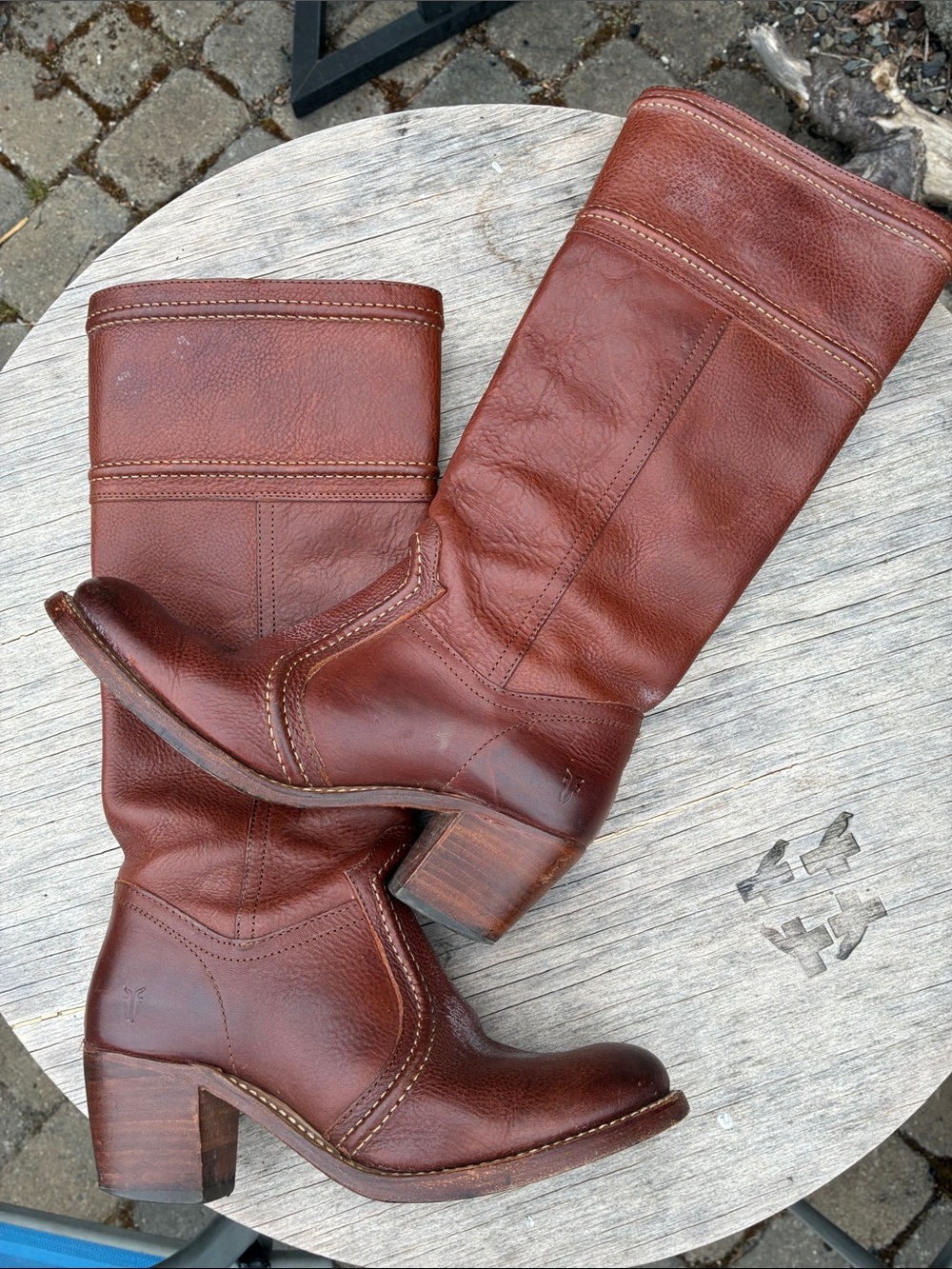 Frye Jane Stitch Riding Boots (Style #77230) in redwood brown pebbled leather.